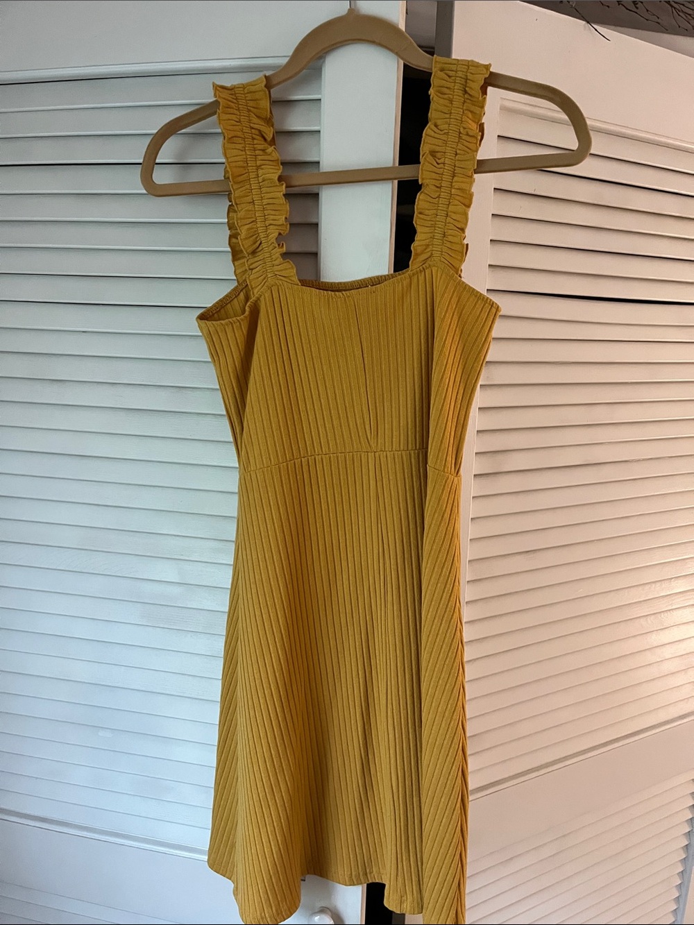 Harper Mustard Yellow Ribbed Ruffle-Shoulder Mini Dress - Picture 4 of 4